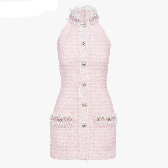 robe tweed sans manches rose